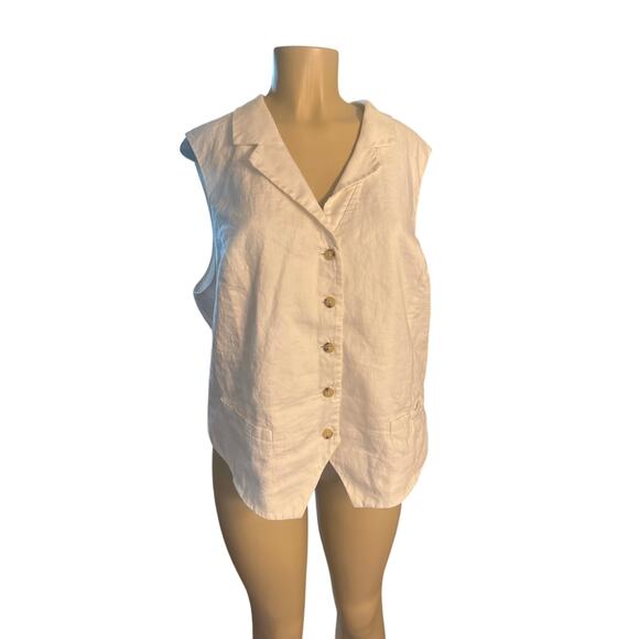 Women 2X Lauren Ralph Lauren White 100% Linen Button Vest Shirt Top Sleeveless - Picture 2 of 6